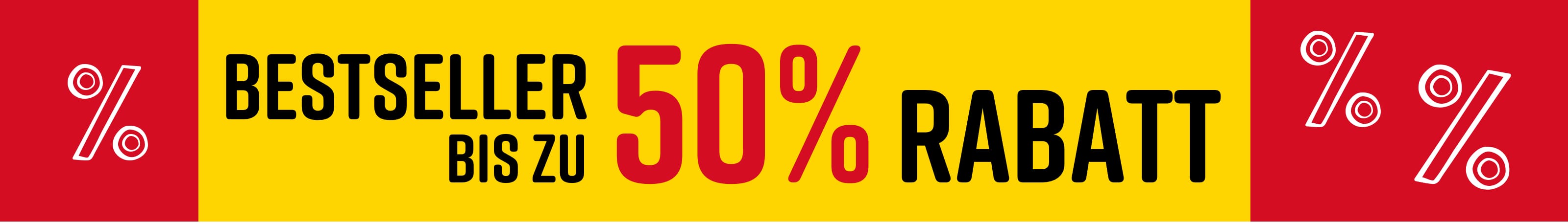 Text im Bild: Bestseller Bis zu 50% Rabatt. Ein Model trägt ein weißes T-Shirt mit geometrischem Muster vor gelb-rotem Hintergrund.
