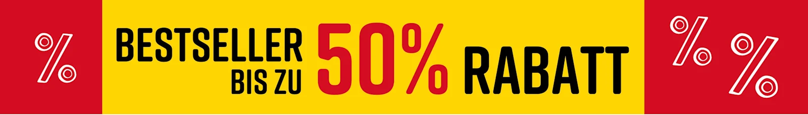 Text im Bild: Bestseller Bis zu 50% Rabatt. Ein Model trägt ein weißes T-Shirt mit geometrischem Muster vor gelb-rotem Hintergrund.