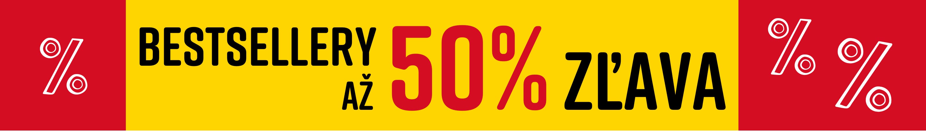Text na obrázku: Bestsellery Až 50% zľava. Modelka má na sebe biele tričko s geometrickým vzorom na žlto-červenom pozadí.