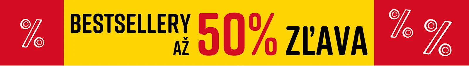 Text na obrázku: Bestsellery Až 50% zľava. Modelka má na sebe biele tričko s geometrickým vzorom na žlto-červenom pozadí.