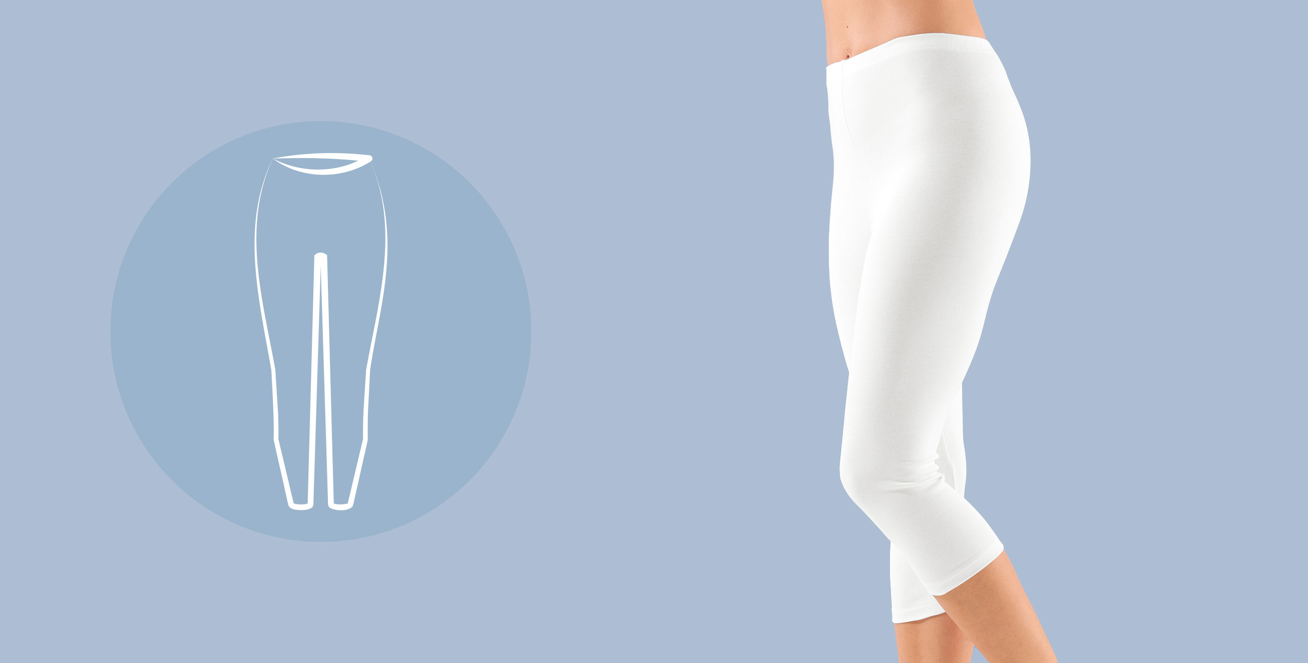 Weiße, knielange Damen-Leggings vor blauem Hintergrund mit stilisierter Leggings-Grafik links.