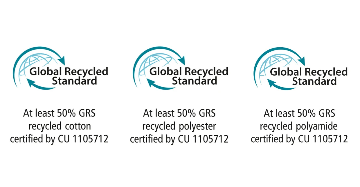 Drei Global Recycled Standard Logos, zertifiziert durch CU 1105712 mit Text: Links zertifizierte 50% GRS recycelte Baumwolle, mittig zertifiziertes 50% GRS recyceltes Polyester, rechts zertifiziertes 50% GRS recyceltes Polyamid. Drei Global Recycled Standard Logos, zertifiziert durch CU 1105712 mit Text: Links zertifizierte 50% GRS recycelte Baumwolle, mittig zertifiziertes 50% GRS recyceltes Polyester, rechts zertifiziertes 50% GRS recyceltes Polyamid.