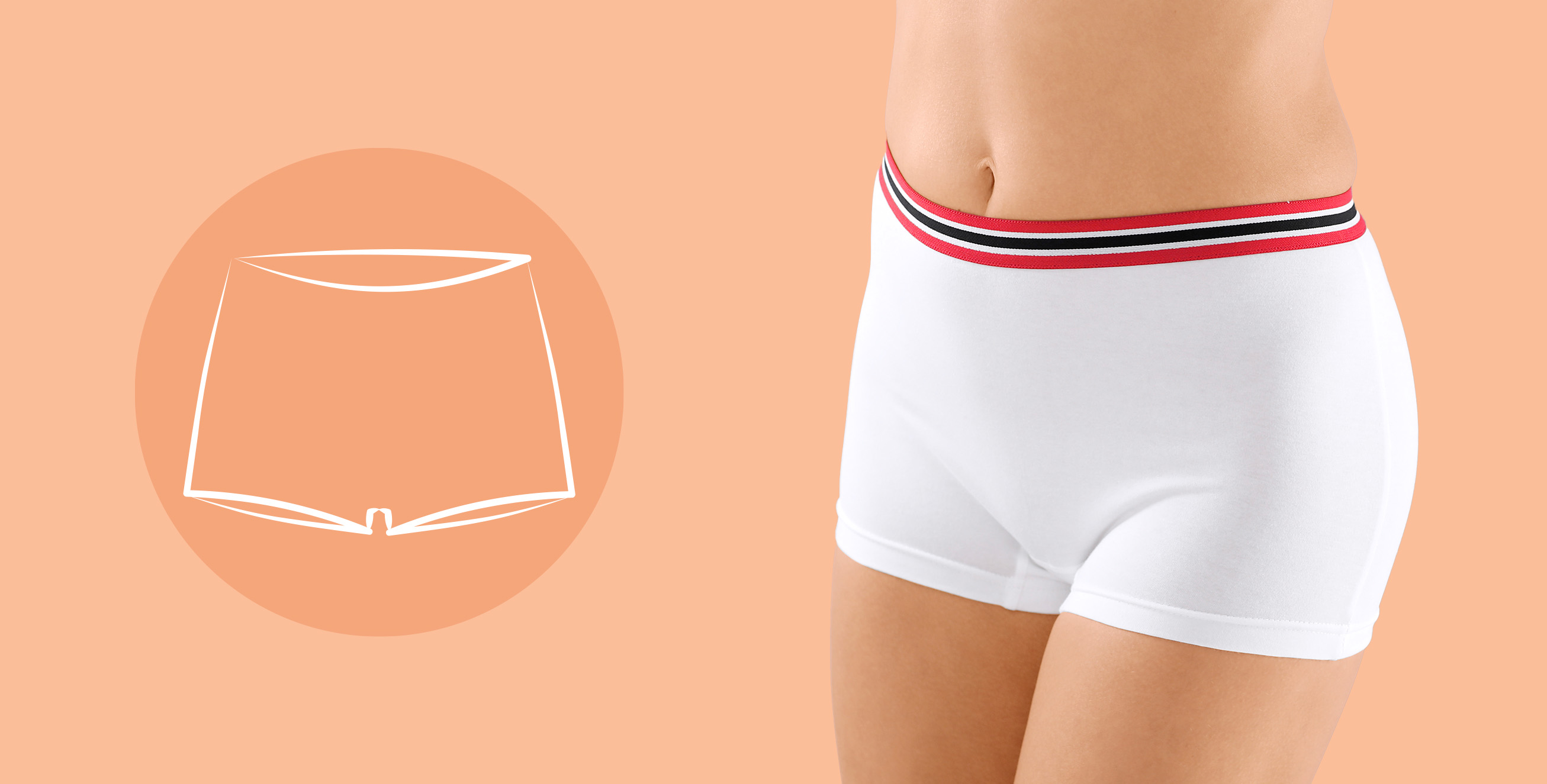 Weiße Damen-Unterhose mit kurzem Schnitt und elastischem Bund in Rot, Schwarz und Weiß vor einem hellorangefarbenen Hintergrund.