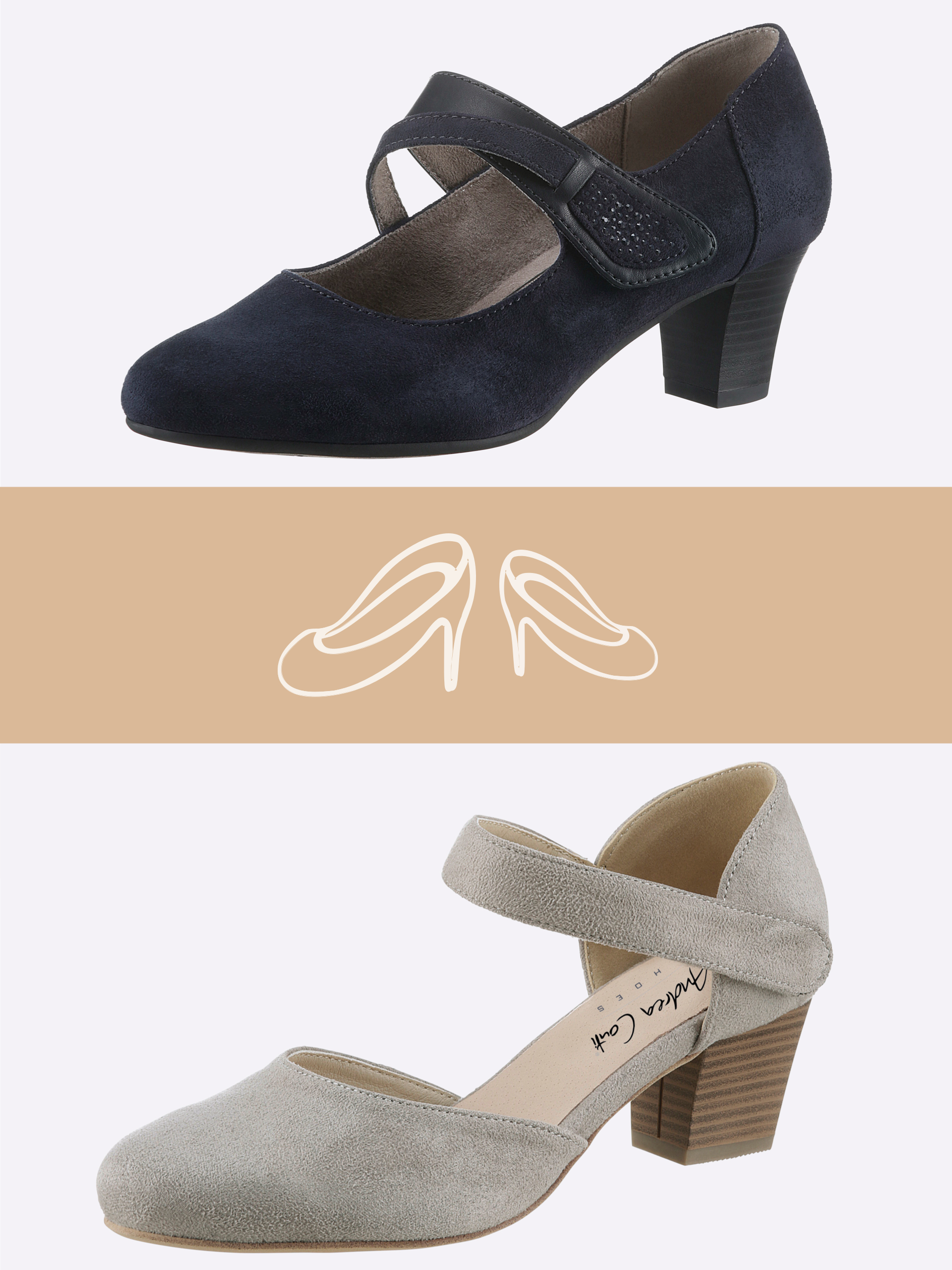 Zwei Damen-Schuhe mit Riemchen, oben ein schwarzer mit mittelhohem Absatz, unten ein grauer mit Blockabsatz.