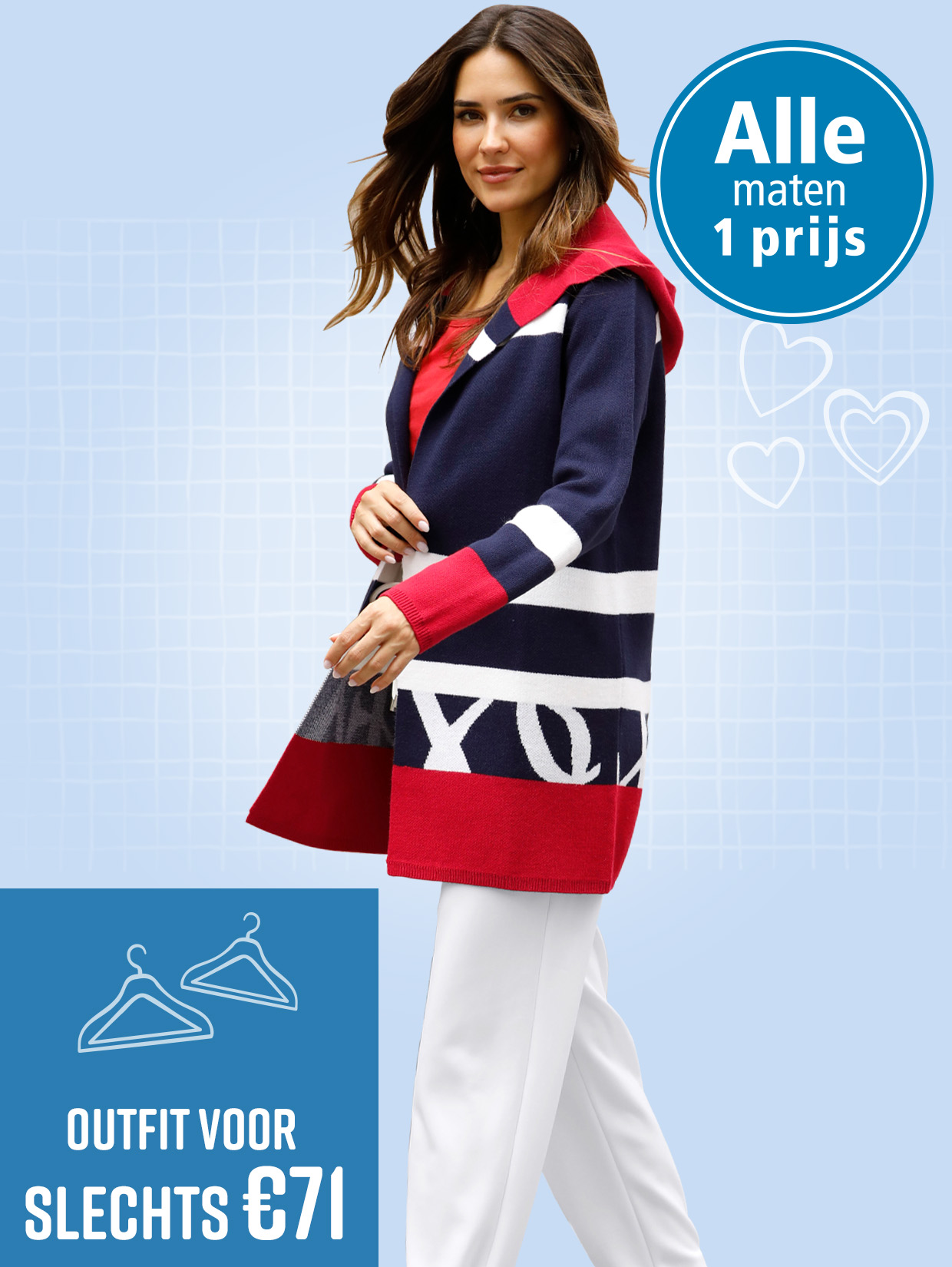 Een model draagt een lange, kleurrijke gebreide cardigan met capuchon, witte broek en witte sneakers.