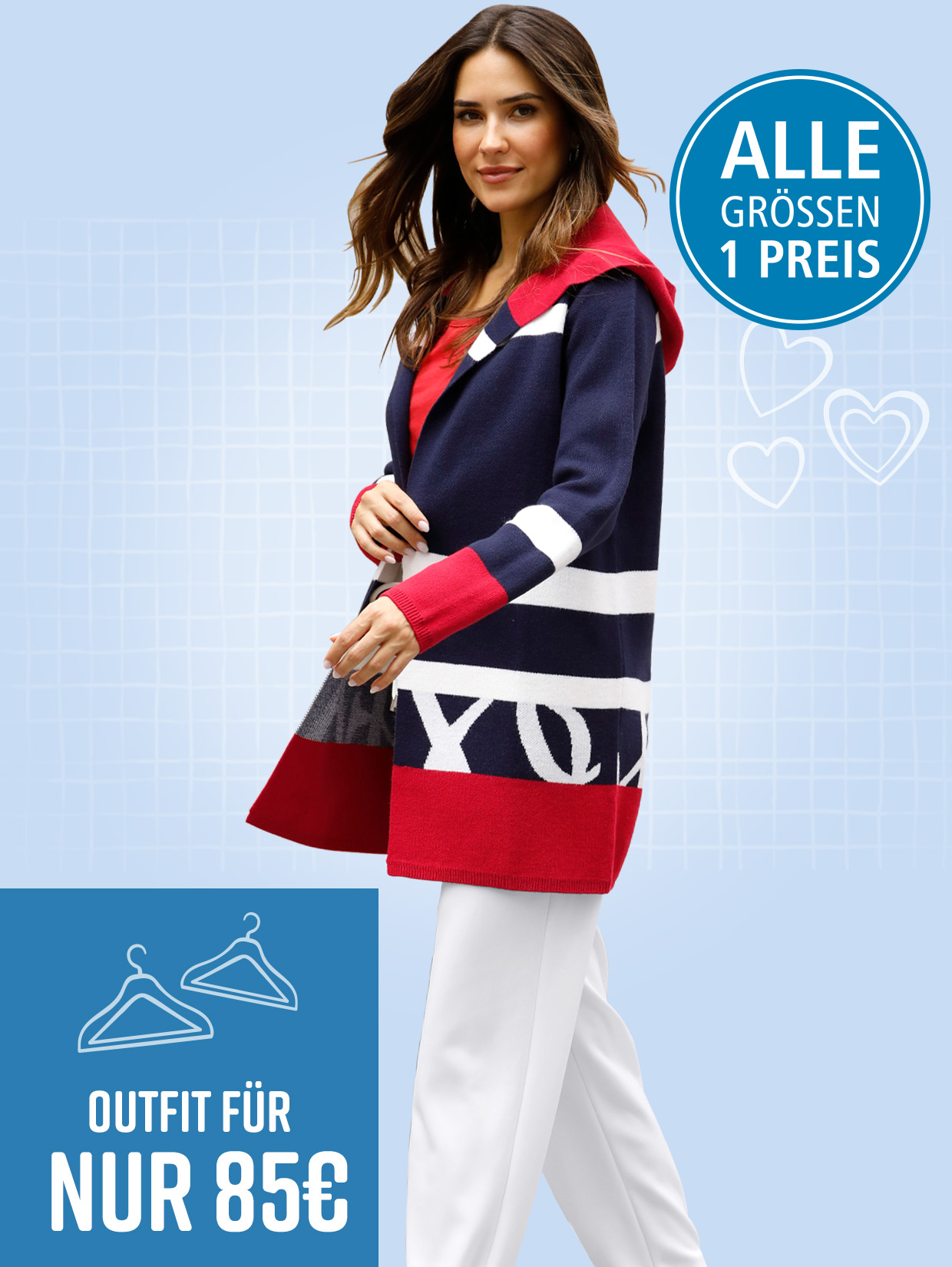 Ein Model trägt eine lange, farblich gemusterte Strickjacke mit Kapuze, weiße Hosen und weiße Sneaker.