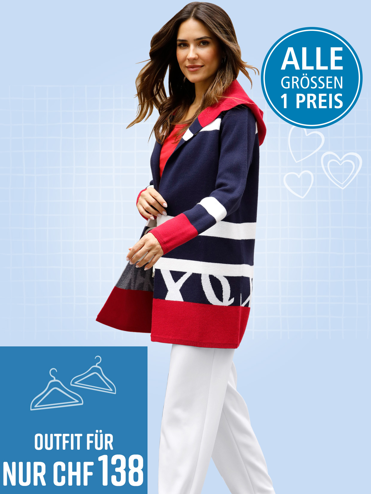 Ein Model trägt eine lange, farblich gemusterte Strickjacke mit Kapuze, weiße Hosen und weiße Sneaker.