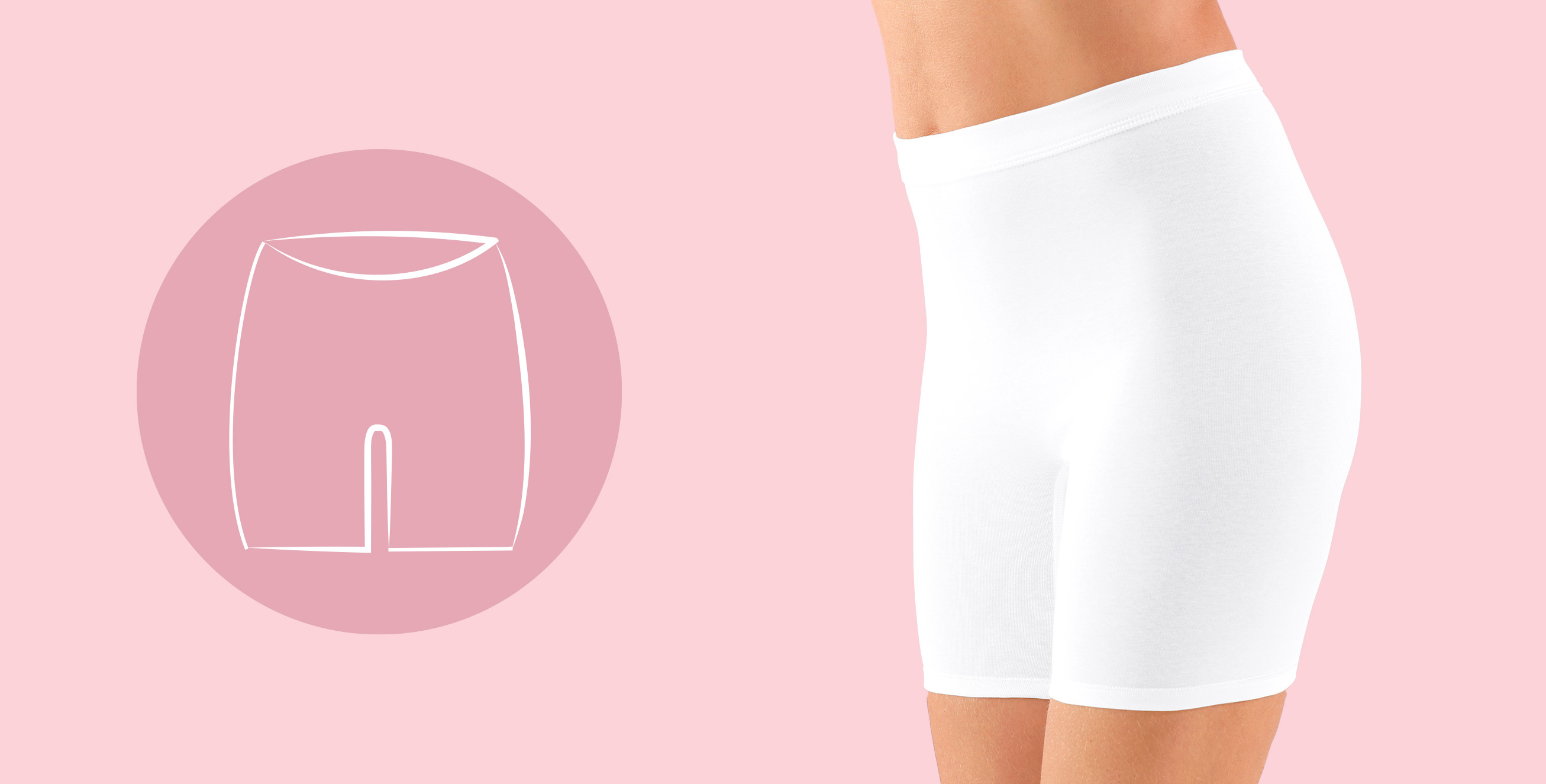 Weiße Damen-Unterhose in Shorts-Form, seitliche Ansicht, vor einem rosa Hintergrund mit stilisierter Grafik einer Shorts.