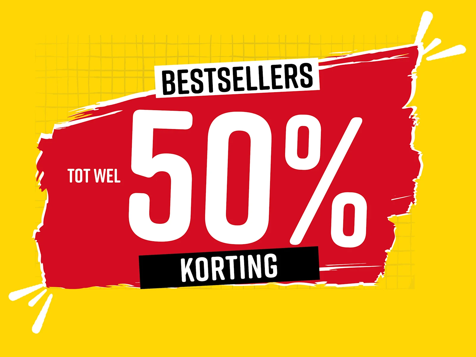 Tekst in de afbeelding: Bestsellers tot wel 50% korting