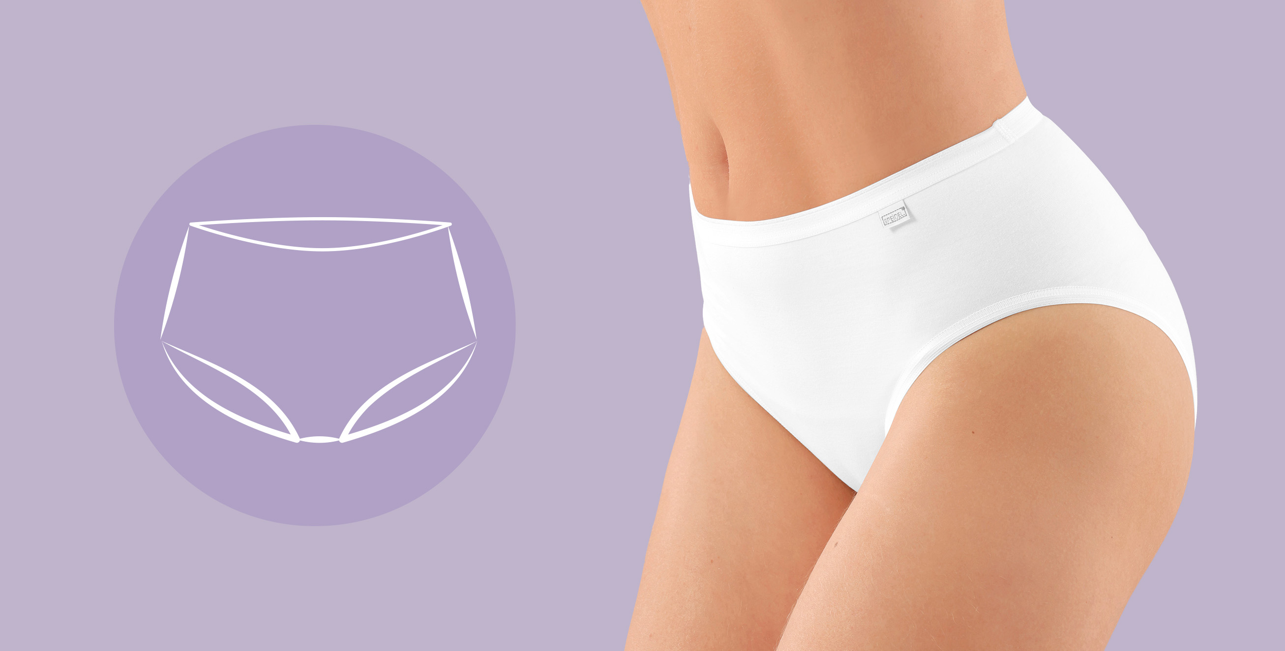 Damen-Slip in Weiß aus Baumwolle, hoch geschnitten, mit figurbetonter Passform, lila Hintergrund und stilisierte Zeichnung des Slips links.