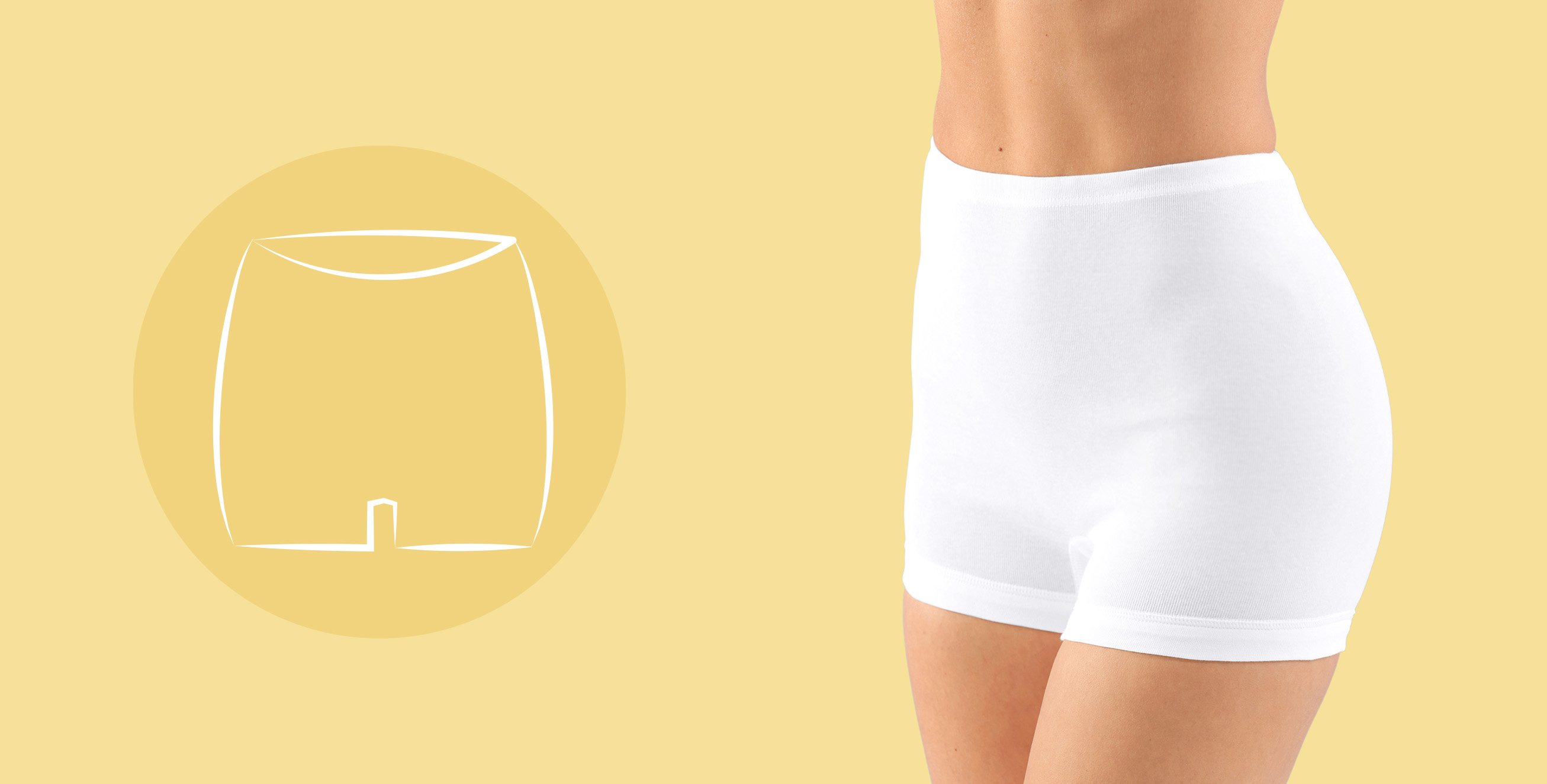Weiße Damen-Unterhose mit hohem Bund, seitliche Ansicht, gelber Hintergrund mit schematischer Darstellung des Designs.