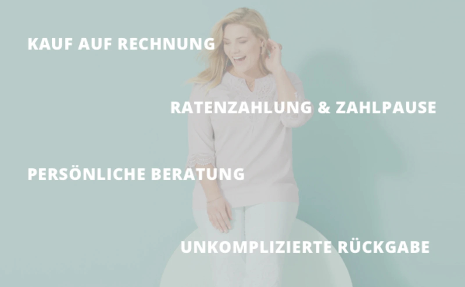 Hellblaues Hintergrundbild mit weißer Schrift zu Vorteilen wie Kauf auf Rechnung, Ratenzahlung, persönliche Beratung, kostenloser Rückversand und Erreichbarkeit 24/7. Hellblaues Hintergrundbild mit weißer Schrift zu Vorteilen wie Kauf auf Rechnung, Ratenzahlung, persönliche Beratung, kostenloser Rückversand und Erreichbarkeit 24/7.