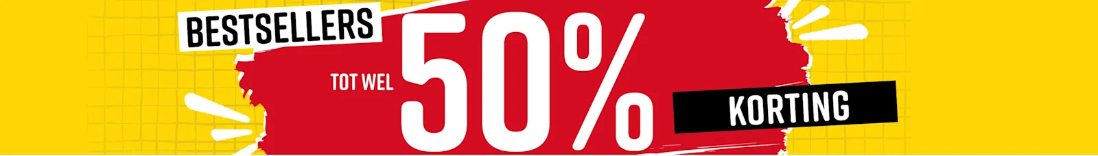 Tekst in de afbeelding: Bestsellers tot wel 50% korting