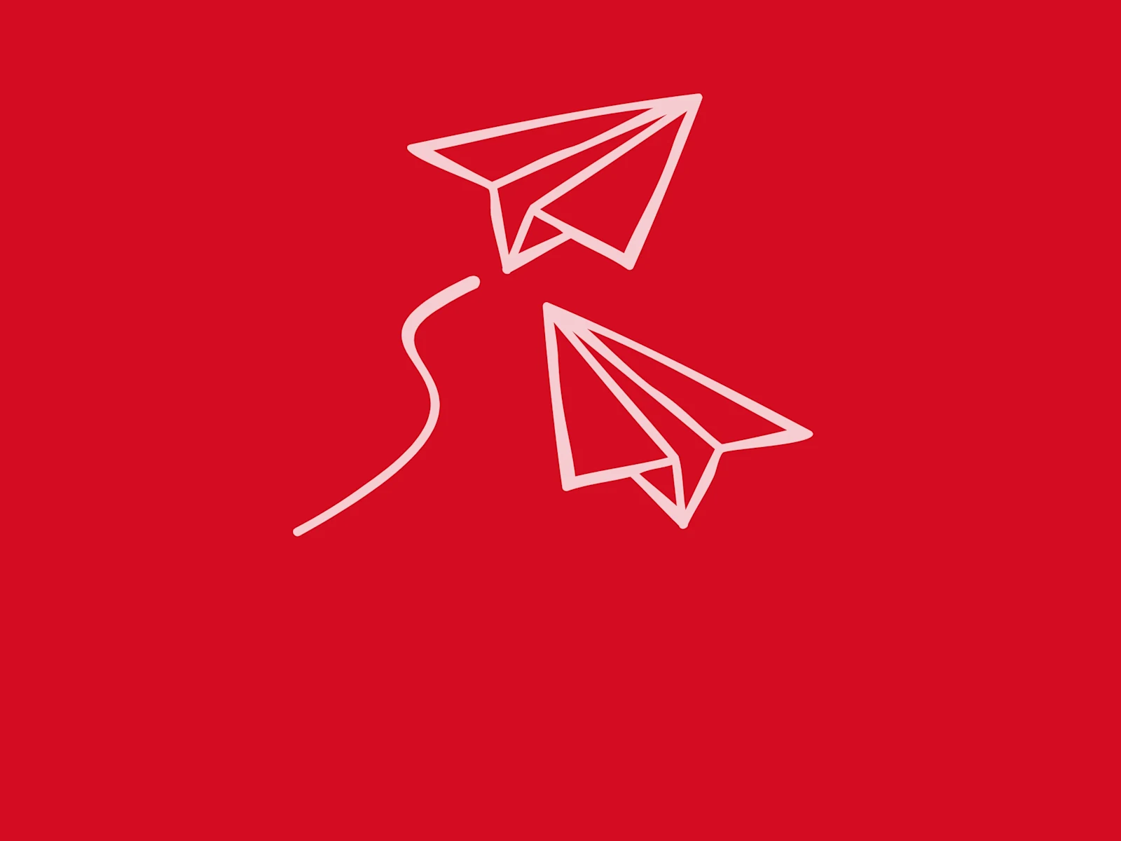 Zwei weisse Papierflugzeuge auf rotem Hintergrund, verbunden durch eine geschwungene Linie.