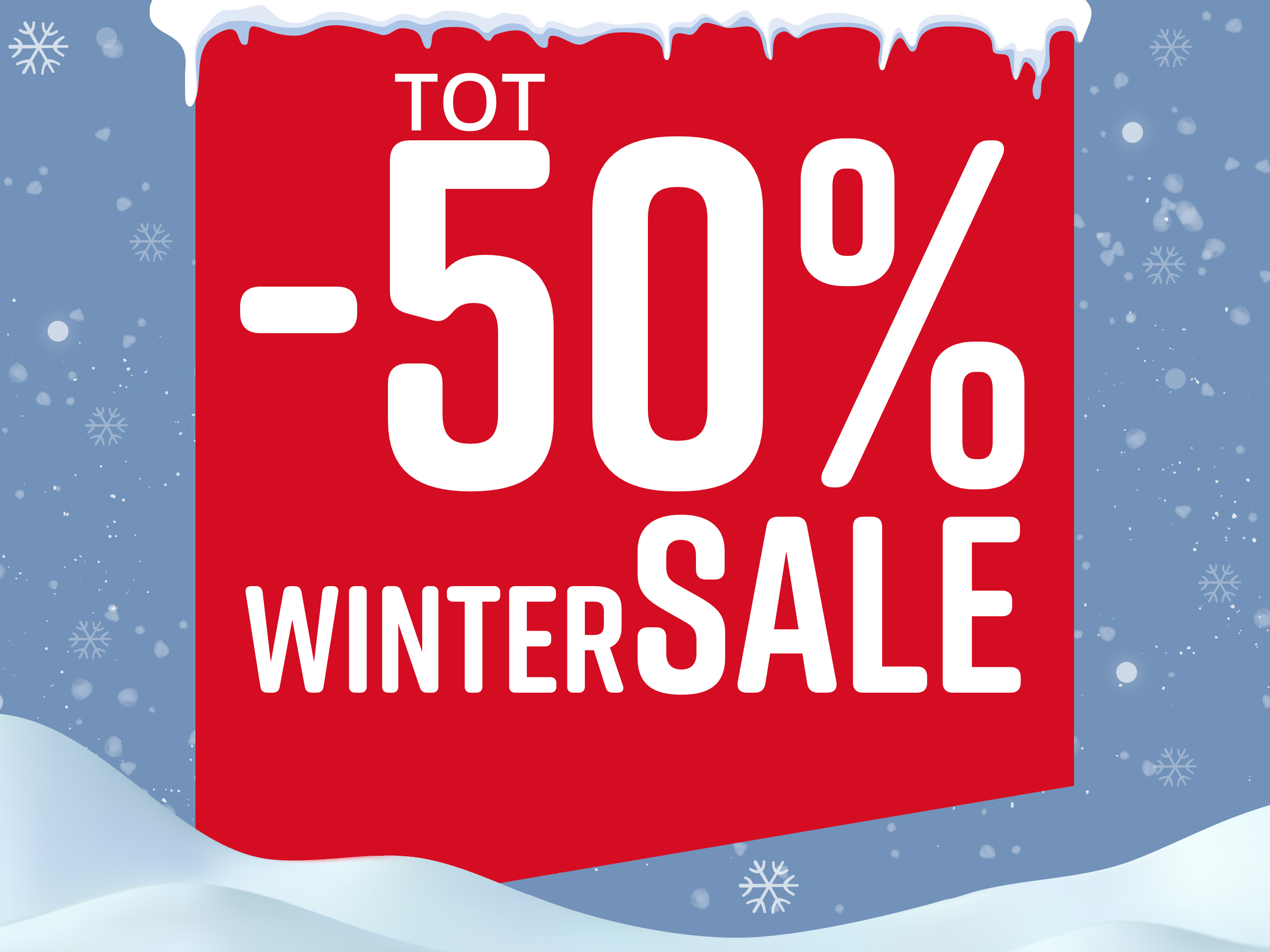 Rood bord met tekst 'Tot -50% wintersale' voor een wintersneeuwlandschap met sneeuwvlokken.