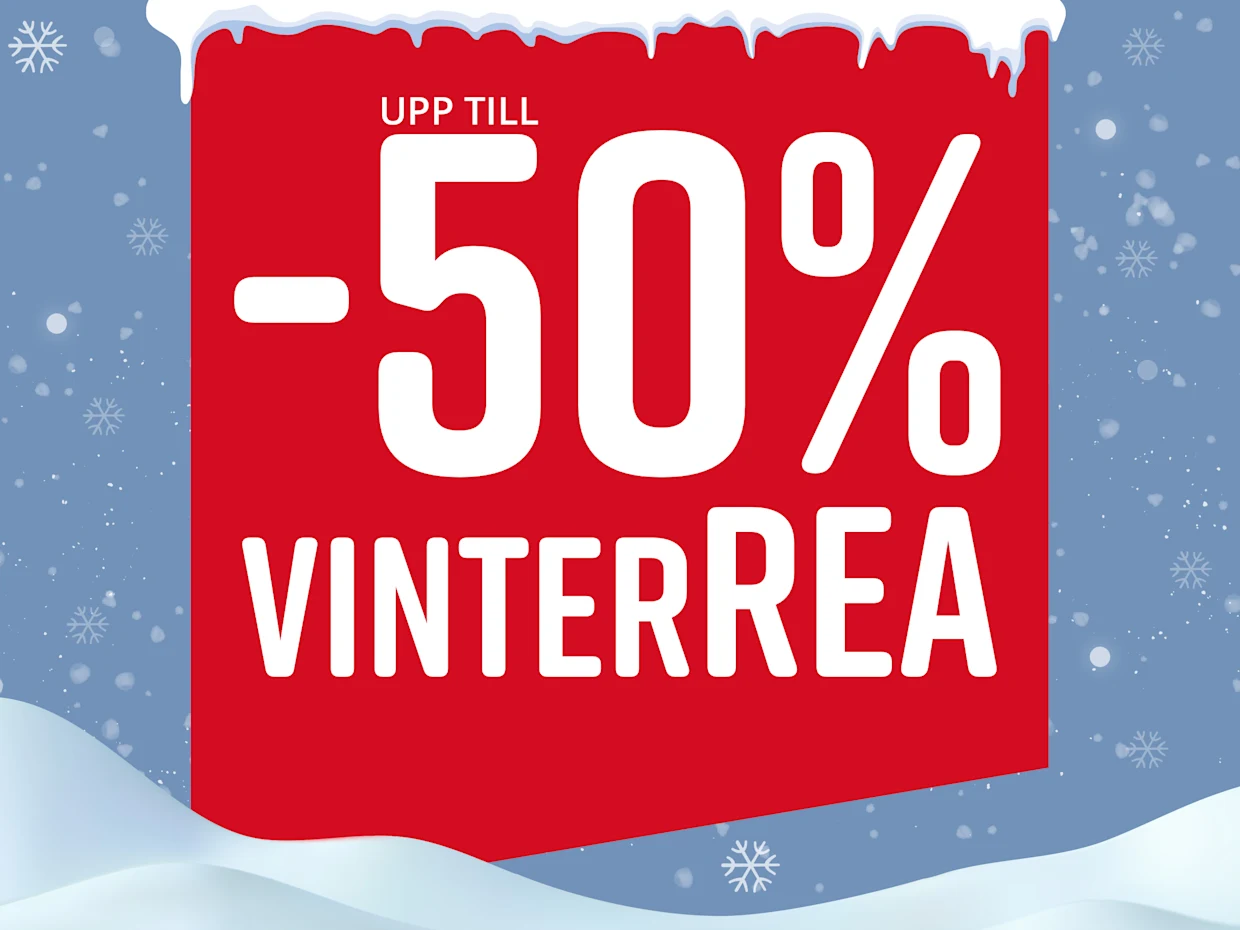 Röd skylt med texten 'Upp till -50% vintersale' framför ett vinterlandskap med snöflingor.