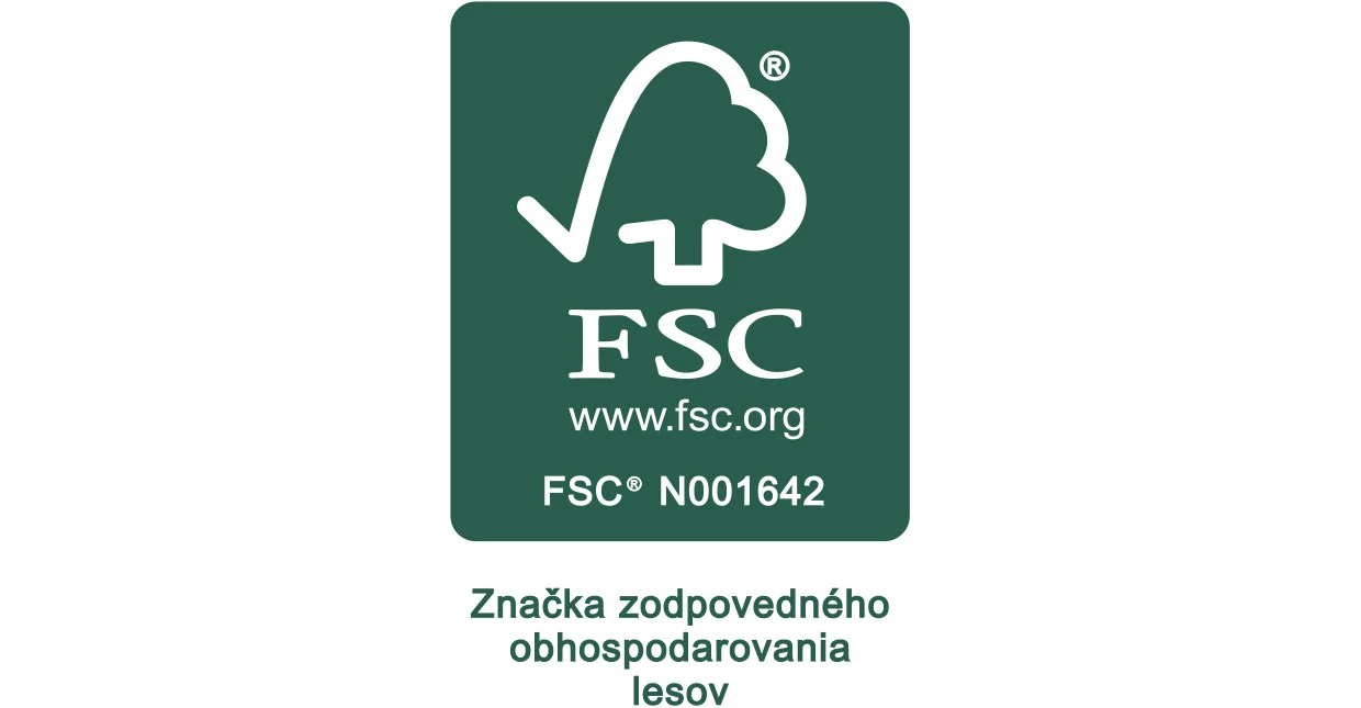 Logo FSC s odkazom 'www.fsc.org' a číslom 'N001642' na zelenom pozadí, pod ktorým sa nachádza text 'Značka zodpovedného obhospodarovania lesov'. Logo FSC s odkazom 'www.fsc.org' a číslom 'N001642' na zelenom pozadí, pod ktorým sa nachádza text 'Značka zodpovedného obhospodarovania lesov'.