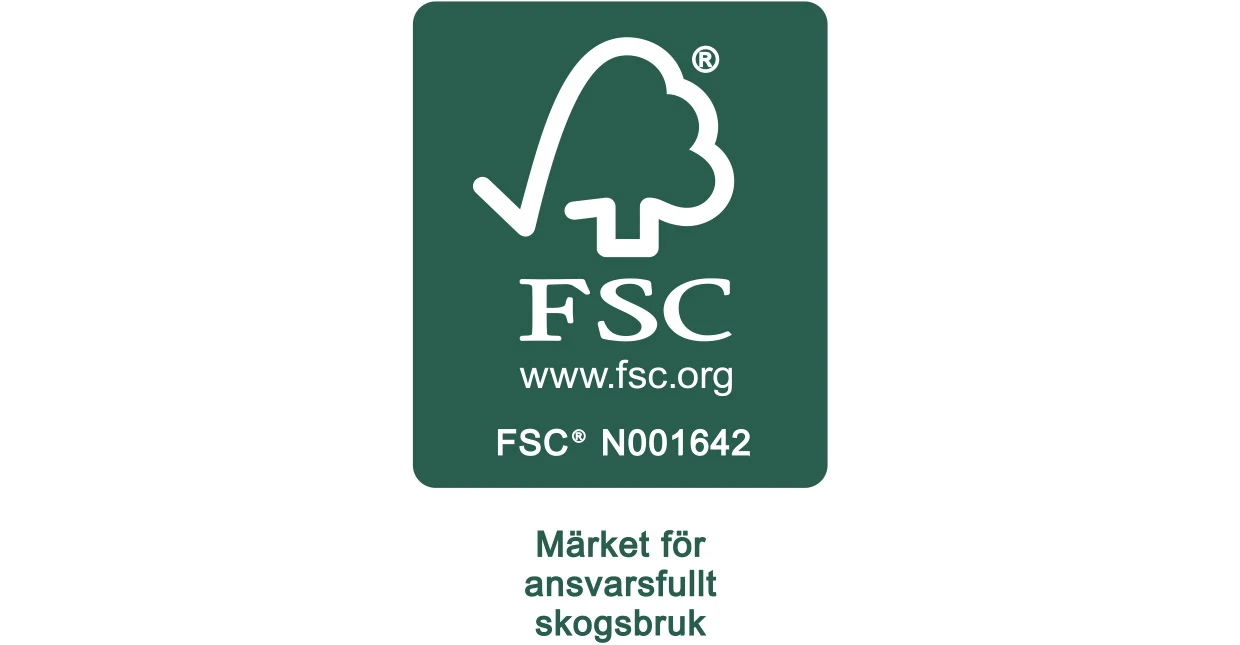 FSC logotypen med länken 'www.fsc.org' och numret 'N001642' på en grön bakgrund, med texten 'Märket för ansvarsfullt skogsbruk' under. FSC logotypen med länken 'www.fsc.org' och numret 'N001642' på en grön bakgrund, med texten 'Märket för ansvarsfullt skogsbruk' under.