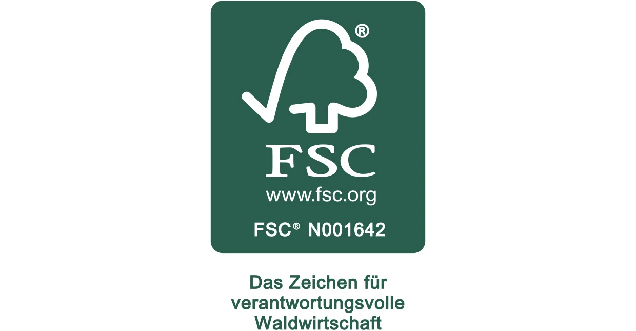 Das FSC Logo mit dem Link 'www.fsc.org' und der Nummer 'N001642' auf grünem Hintergrund, darunter der Text 'Das Zeichen für verantwortungsvolle Waldwirtschaft'. Das FSC Logo mit dem Link 'www.fsc.org' und der Nummer 'N001642' auf grünem Hintergrund, darunter der Text 'Das Zeichen für verantwortungsvolle Waldwirtschaft'.