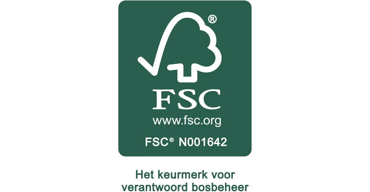 Het FSC-logo met de link 'www.fsc.org' en het nummer 'N001642' op een groene achtergrond, met daaronder de tekst 'Het keurmerk voor verantwoord bosbeheer'. Het FSC-logo met de link 'www.fsc.org' en het nummer 'N001642' op een groene achtergrond, met daaronder de tekst 'Het keurmerk voor verantwoord bosbeheer'.
