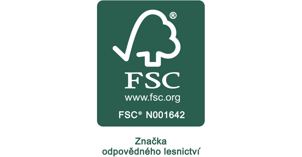 Logo FSC s odkazem 'www.fsc.org' a číslem 'N001642' na zeleném pozadí a pod ním text 'Značka odpovědného lesnictví'. Logo FSC s odkazem 'www.fsc.org' a číslem 'N001642' na zeleném pozadí a pod ním text 'Značka odpovědného lesnictví'.