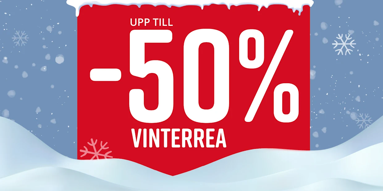 Röd skylt med texten 'Upp till -50% vintersale' framför ett vinterlandskap med snöflingor.