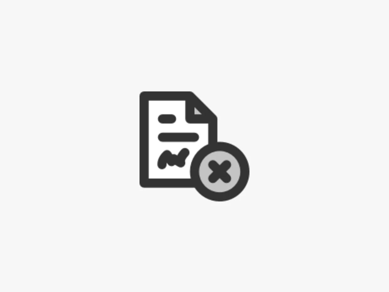 Symbol eines Dokuments mit einem Kreis und einem X, das einen abgelehnten oder ungültigen Status darstellt.