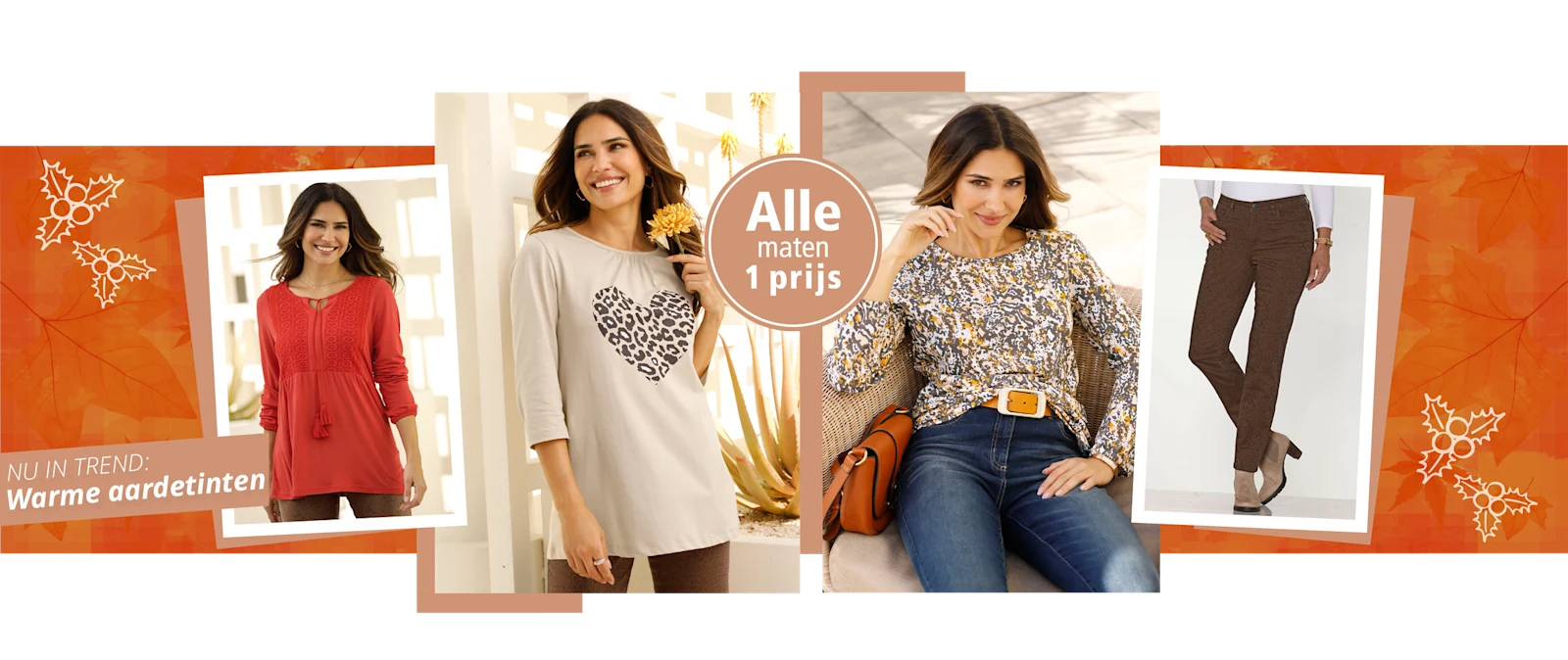 Vier modellen tonen damesmode in warme aardetinten met truien, blouses en broeken, tegen een oranje achtergrond. Vier modellen tonen damesmode in warme aardetinten met truien, blouses en broeken, tegen een oranje achtergrond.