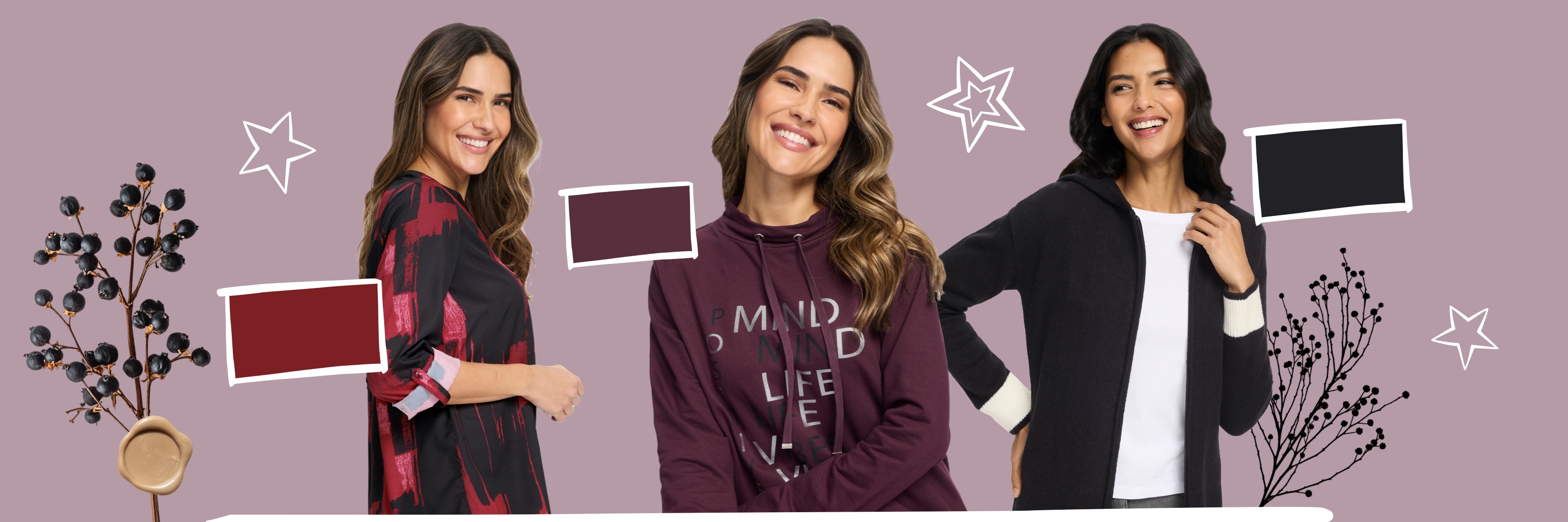 Tři modelky v různých vršcích před fialovým pozadím.