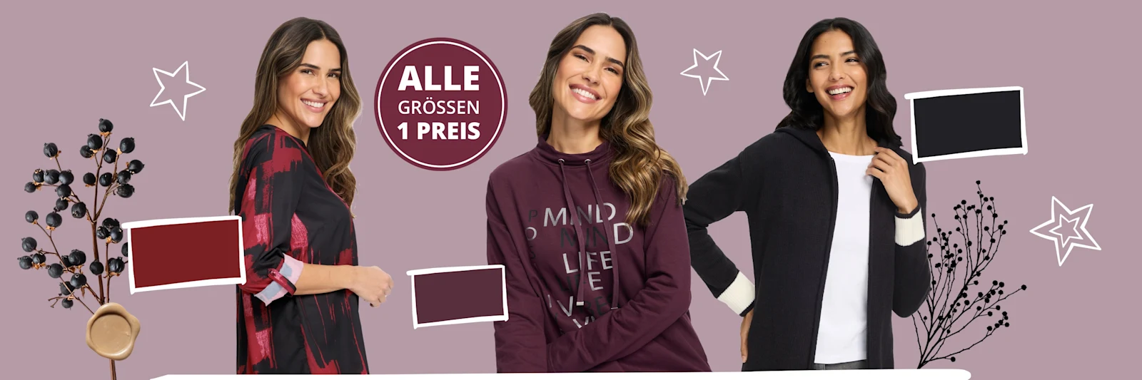 Drei Models in verschiedenen Oberteilen vor lila Hintergrund. Text: 'Alle Grössen ein Preis'. Drei Models in verschiedenen Oberteilen vor lila Hintergrund. Text: 'Alle Grössen ein Preis'.