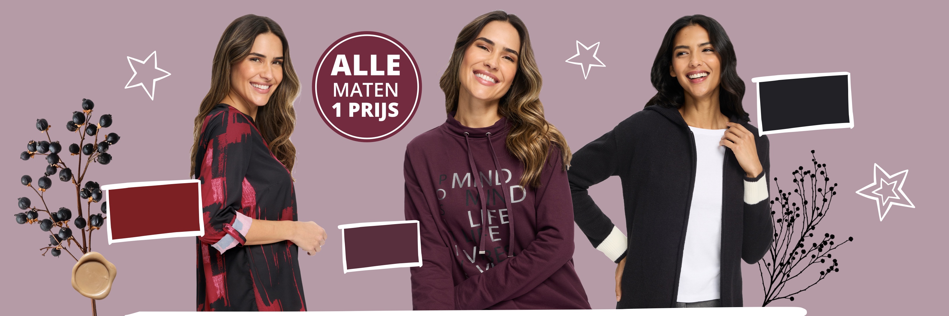 Drie modellen in verschillende tops voor een paarse achtergrond. Tekst: Alle Maten een prijs.