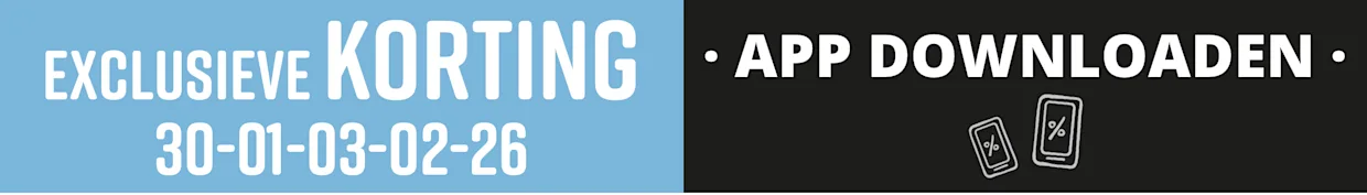 Tekst op blauw-zwarte achtergrond: 'EXCLUSIEVE - KORTING 30.01.-03.02.26' en 'APP DOWNLOADEN' met twee smartphonesymbolen.