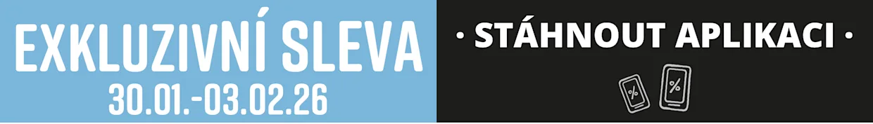 Text na modro-černém pozadí: 'EXKLUZIVNÍ - SLEVA 30.01.-03.02.26' a 'STÁHNOUT APLIKACI' s dvěma symboly chytrých telefonů.