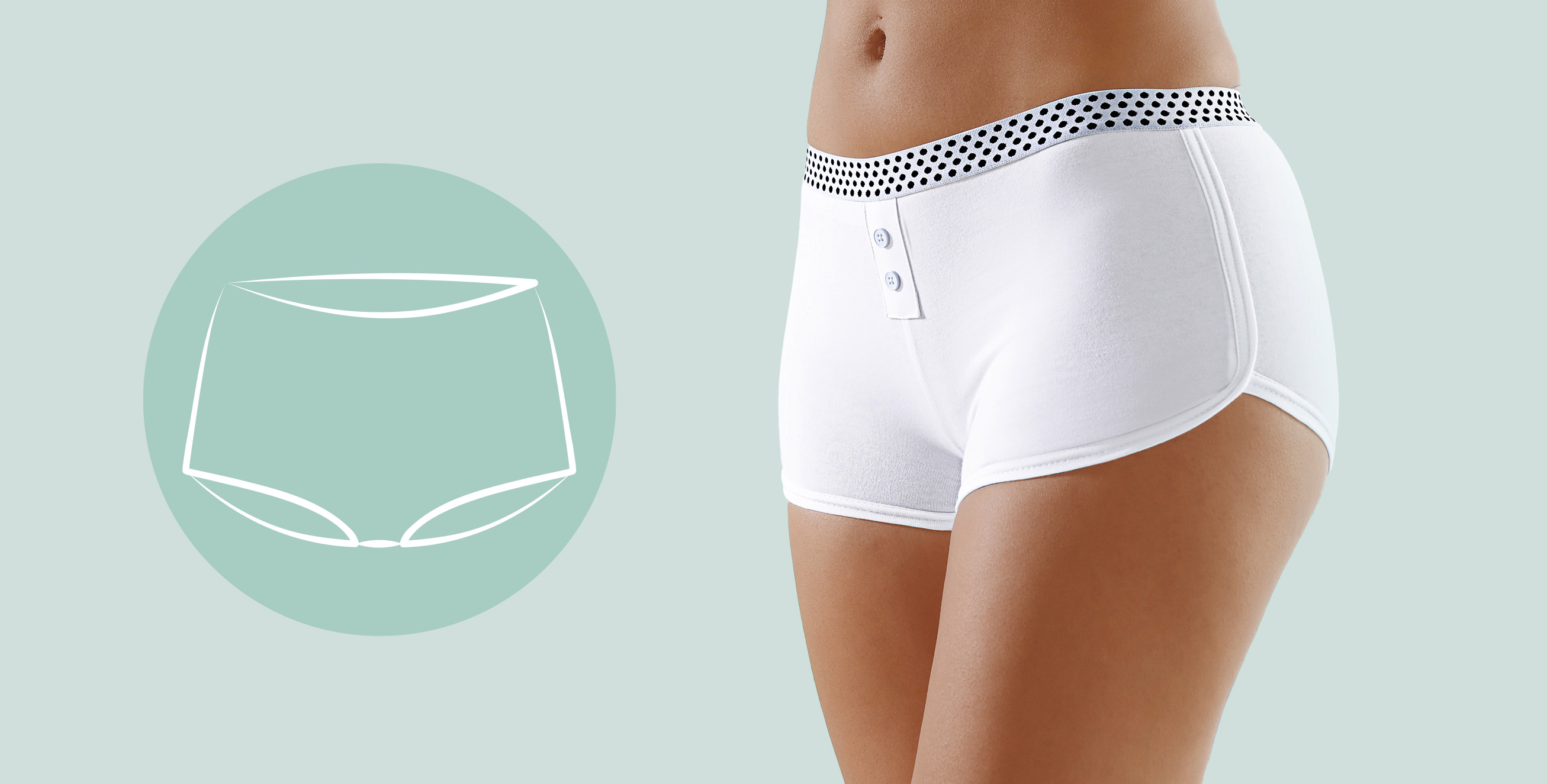 Weiße Damenpanty mit gepunktetem Bund und Knopfdetails, daneben eine schematische Darstellung des Schnitts auf mintgrünem Hintergrund.