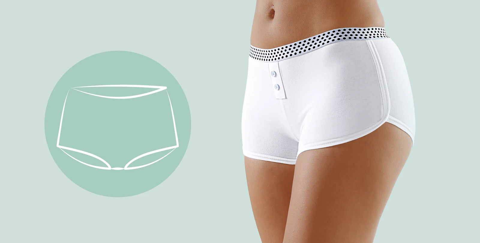 Weiße Damenpanty mit gepunktetem Bund und Knopfdetails, daneben eine schematische Darstellung des Schnitts auf mintgrünem Hintergrund.