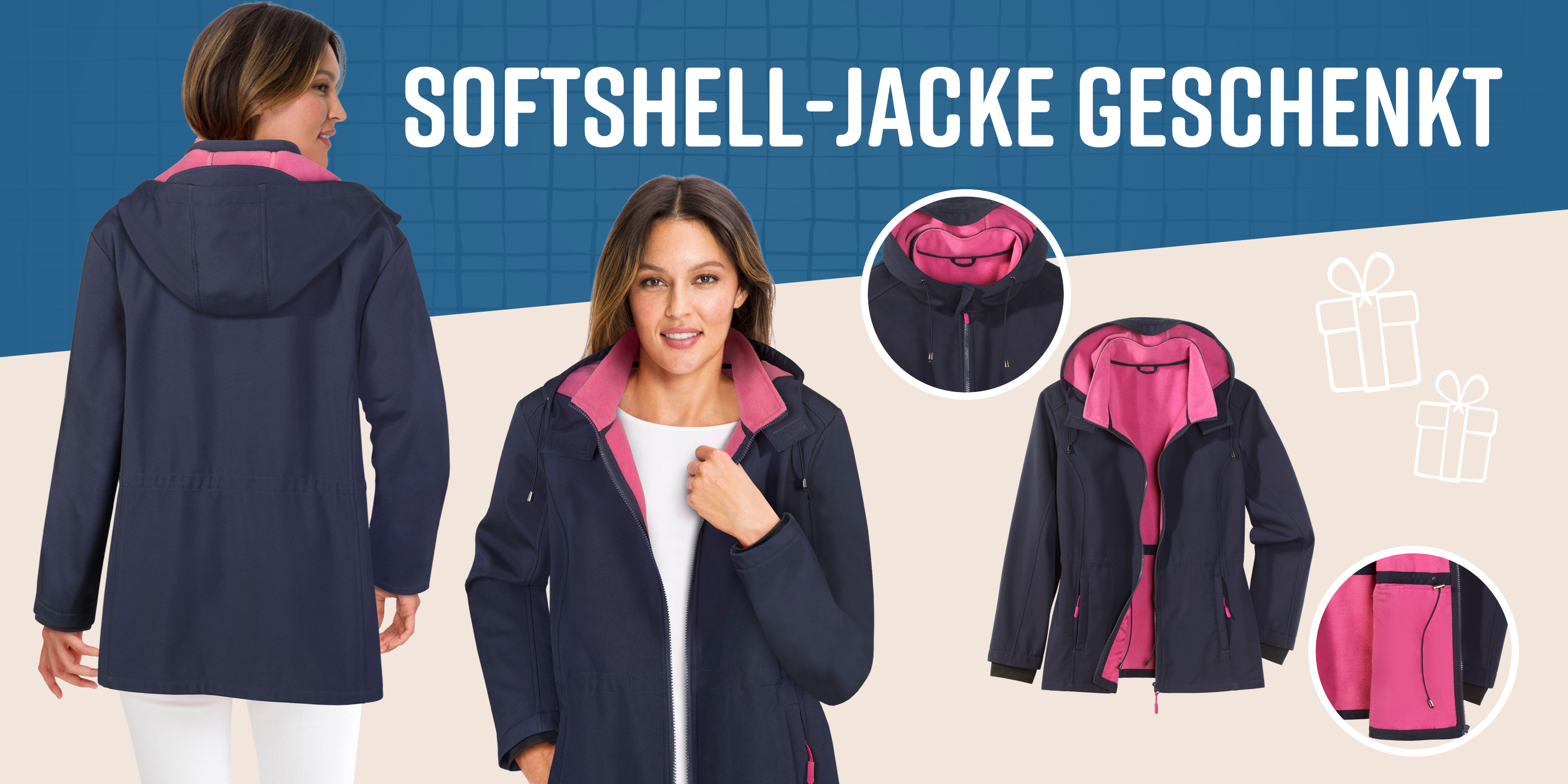 Ein Model zeigt eine dunkelblaue Jacke mit pinkem Futter von vorn und hinten.