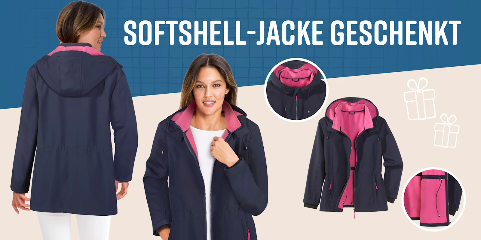 Ein Model zeigt eine dunkelblaue Jacke mit pinkem Futter von vorn und hinten. Ein Model zeigt eine dunkelblaue Jacke mit pinkem Futter von vorn und hinten.