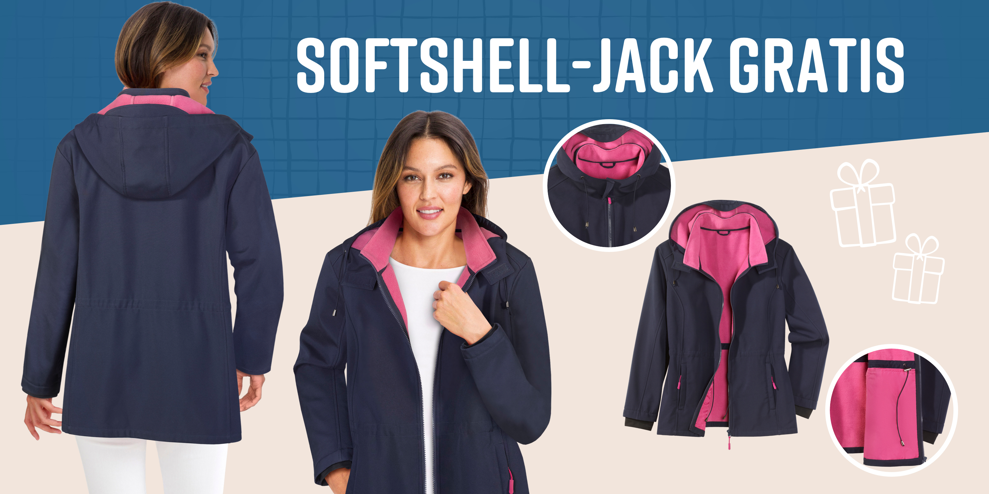 Een model toont een donkerblauwe jas met roze voering van voren en achteren.