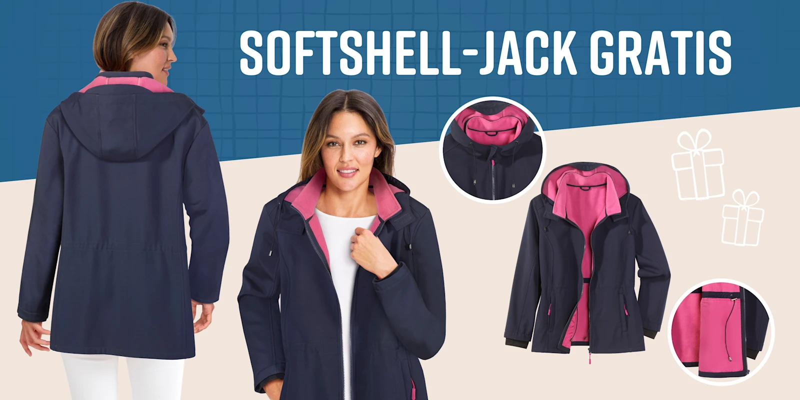 Een model toont een donkerblauwe jas met roze voering van voren en achteren. Een model toont een donkerblauwe jas met roze voering van voren en achteren.