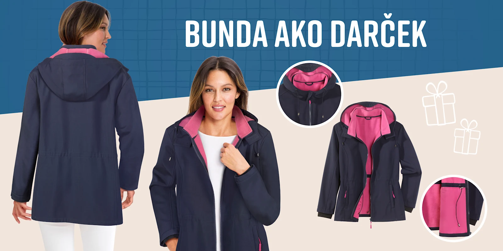 Model ukazuje tmavomodrú bundu s ružovou podšívkou spredu aj zozadu. Model ukazuje tmavomodrú bundu s ružovou podšívkou spredu aj zozadu.