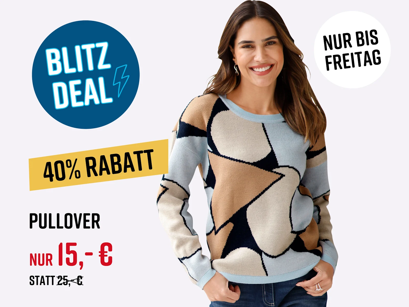 Ein Model trägt einen langärmligen Pullover mit abstraktem Muster in Hellblau, Beige, Braun und Schwarz. Text im Bild: Blitz Deal 40% Rabatt Nur bis Freitag Pullover nur 15,- € statt 25,- €