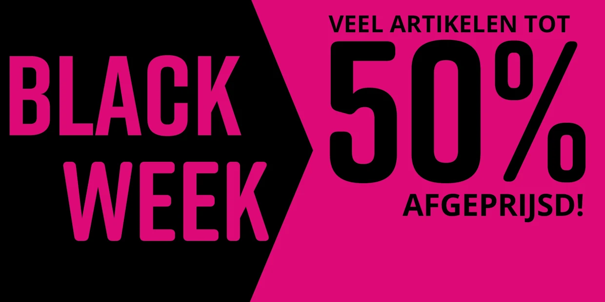Zwarte en roze achtergrond voor Black Week. Tekst: VIELE ARTIKEL BIS ZU -50% REDUZIERT.