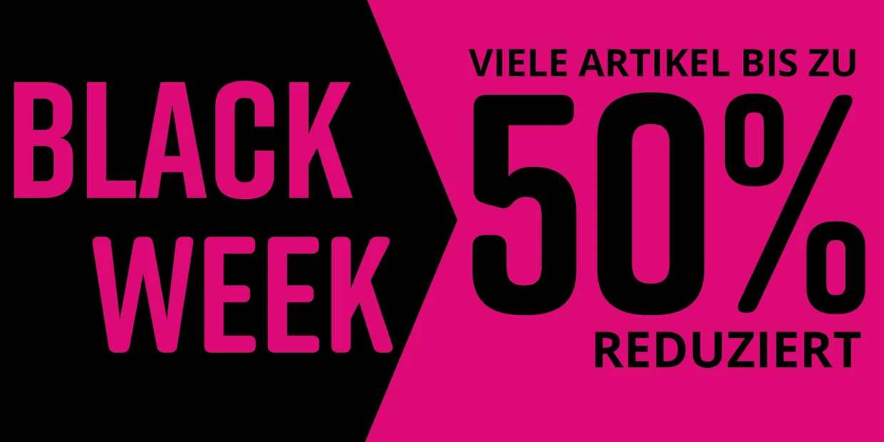 Schwarzer und pinkfarbener Hintergrund für Black Week. Text: VIELE ARTIKEL BIS ZU -50% REDUZIERT.