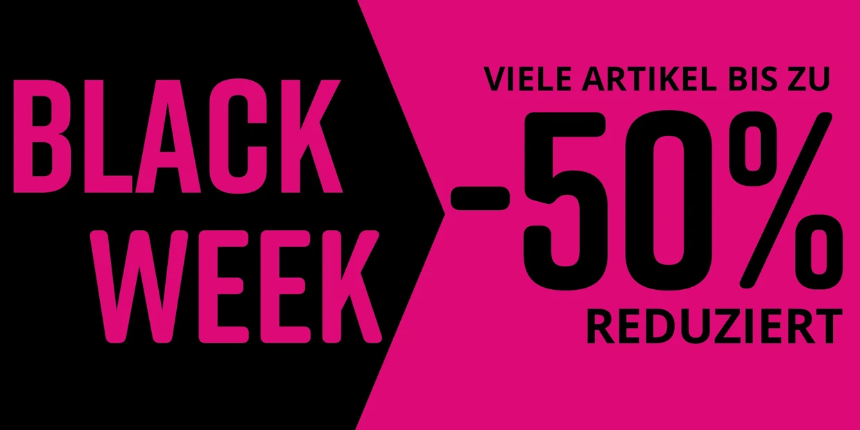 Schwarzer und pinkfarbener Hintergrund für Black Week. Text: VIELE ARTIKEL BIS ZU -50% REDUZIERT.