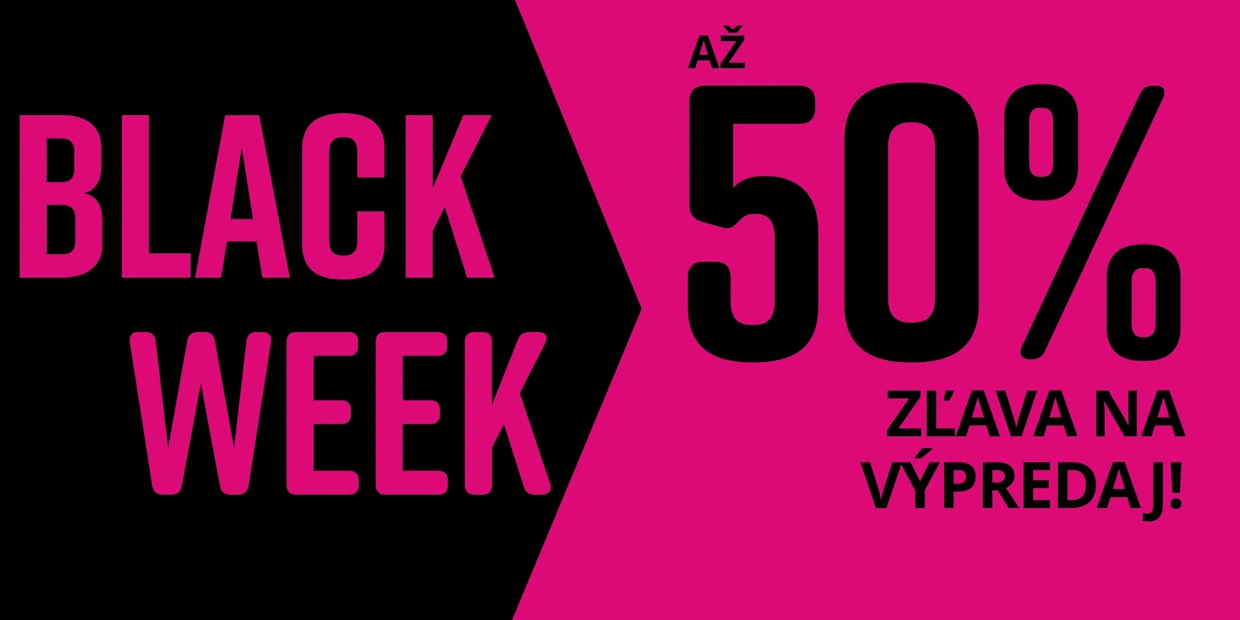 Čierne a ružové pozadie pre Black Week. Text: VIELE ARTIKEL BIS ZU -50% REDUZIERT.