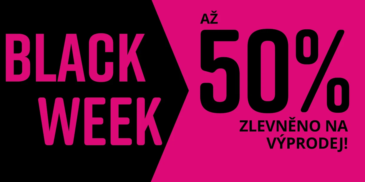 Černé a růžové pozadí pro Black Week. Text: VIELE ARTIKEL BIS ZU -50% REDUZIERT.