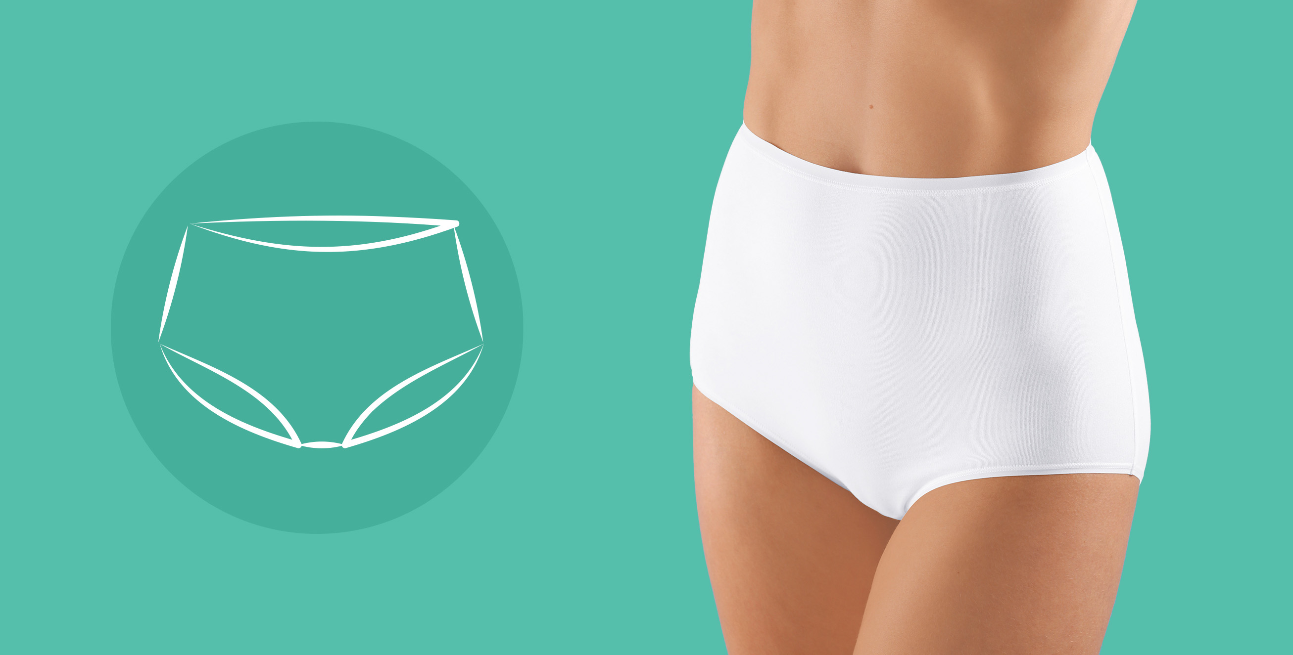 Weiße Damen-Taillenslip aus Baumwolle, körpernah getragen, auf türkisfarbenem Hintergrund mit stilisiertem Slip-Symbol.