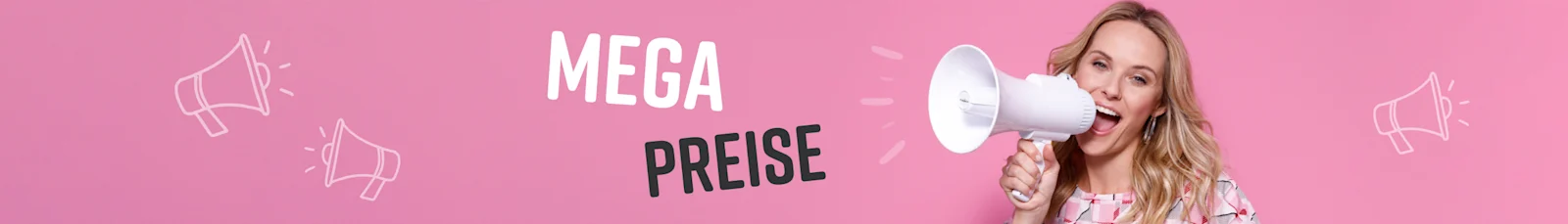 Frau mit Megaphone in der Hand und vor dem Megaphone der Text Mega Preise. Frau mit Megaphone in der Hand und vor dem Megaphone der Text Mega Preise.