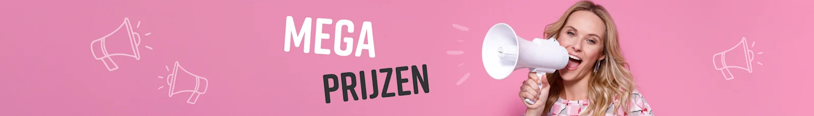 Vrouw met megafoon in de hand en voor de megafoon de tekst Mega Prijzen. Vrouw met megafoon in de hand en voor de megafoon de tekst Mega Prijzen.