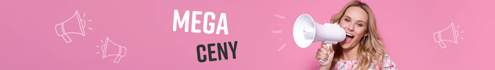Žena s megafonem v ruce a textem Mega Ceny před megafonem. Žena s megafonem v ruce a textem Mega Ceny před megafonem.